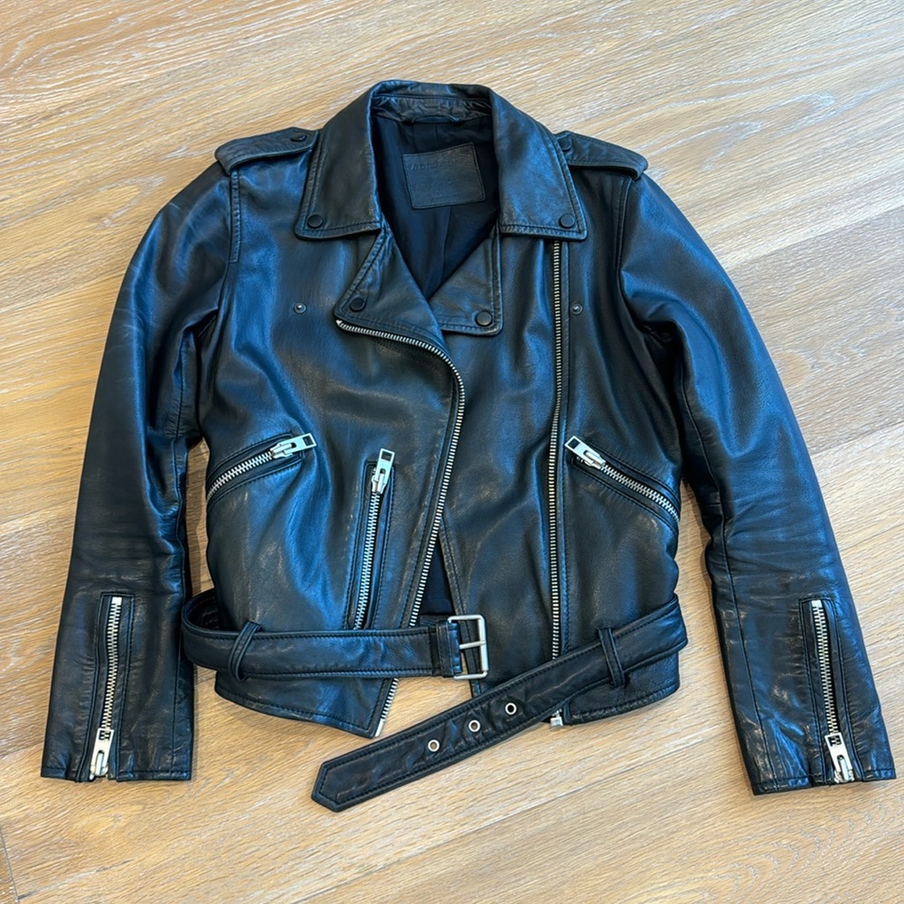 All Saints Black Balfern Belted Hem Leather Biker Jacket - Picture 4 of 10